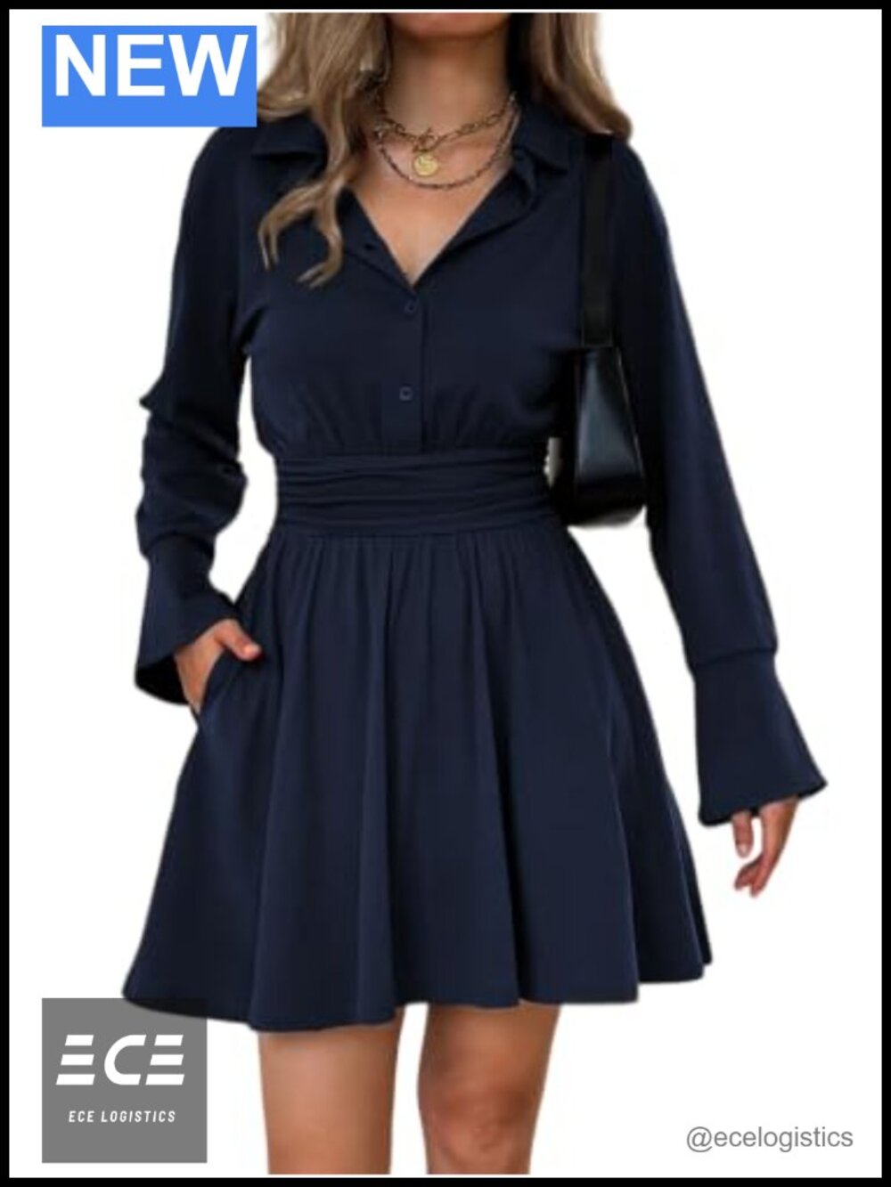 Women's Button Down Collared Mini Shirt Dress Pockets Long Sleeve